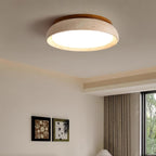 Travertine stone ceiling light with wood base, dimmable integrated LED, modern minimalist design