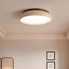 Travertine stone ceiling light with wood base, dimmable integrated LED, modern minimalist design