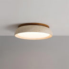 Travertine stone ceiling light with wood base, dimmable integrated LED, modern minimalist design