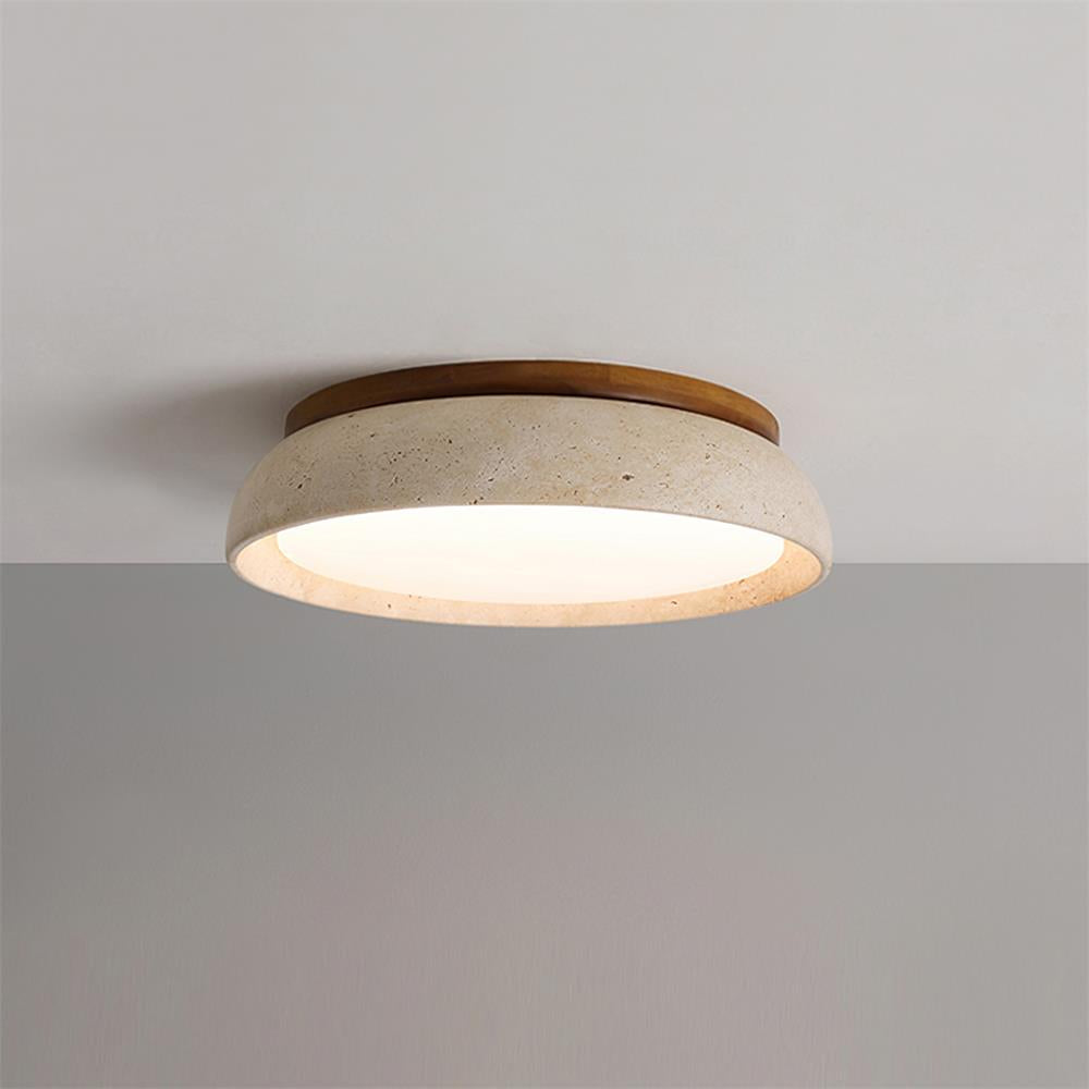 Travertine stone ceiling light with wood base, dimmable integrated LED, modern minimalist design