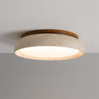 Travertine stone ceiling light with wood base, dimmable integrated LED, modern minimalist design