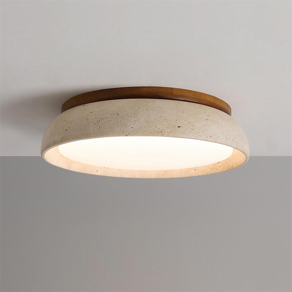 Travertine stone ceiling light with wood base, dimmable integrated LED, modern minimalist design