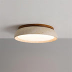 Travertine stone ceiling light with wood base, dimmable integrated LED, modern minimalist design