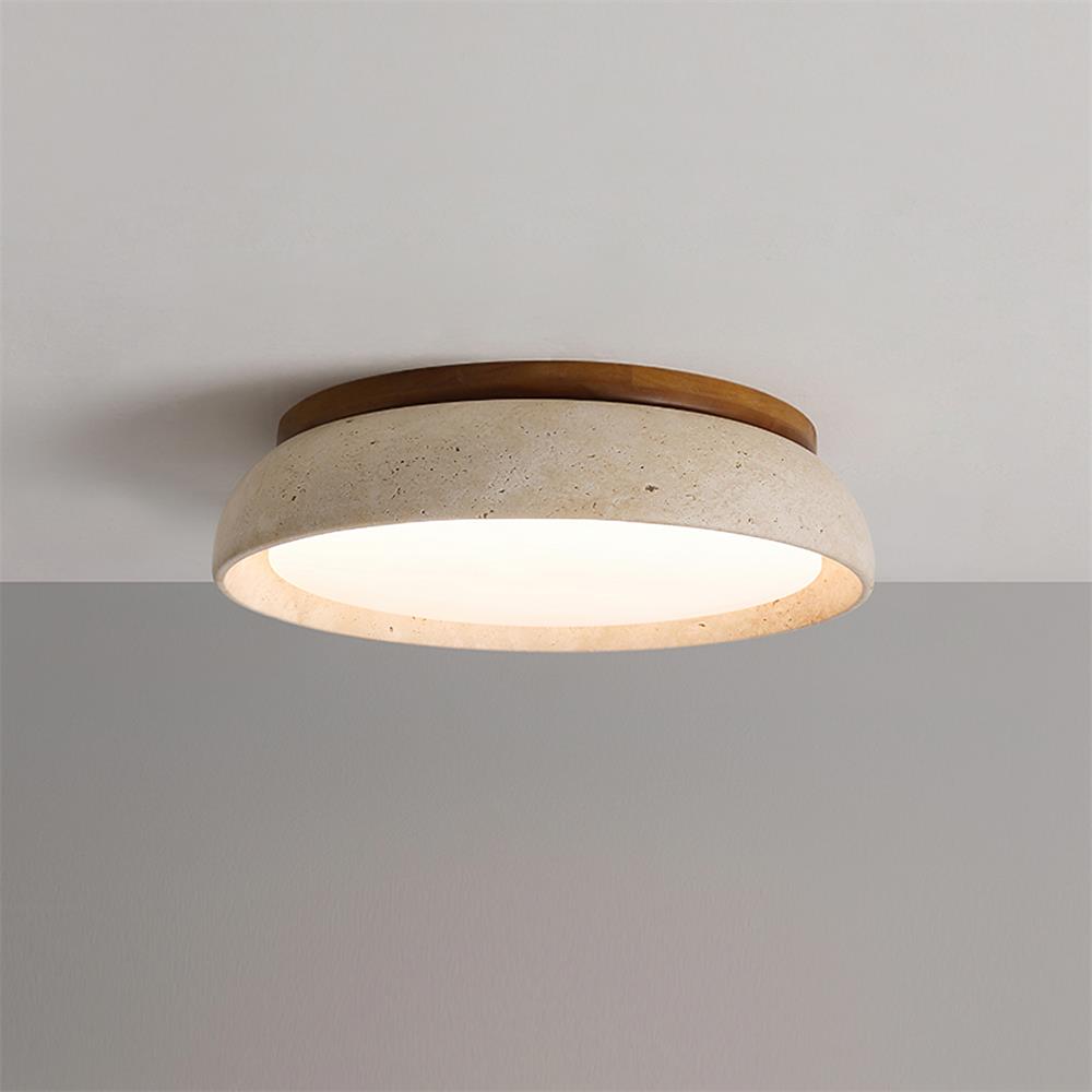 Travertine stone ceiling light with wood base, dimmable integrated LED, modern minimalist design