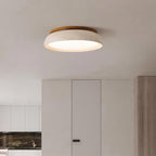 Travertine stone ceiling light with wood base, dimmable integrated LED, modern minimalist design