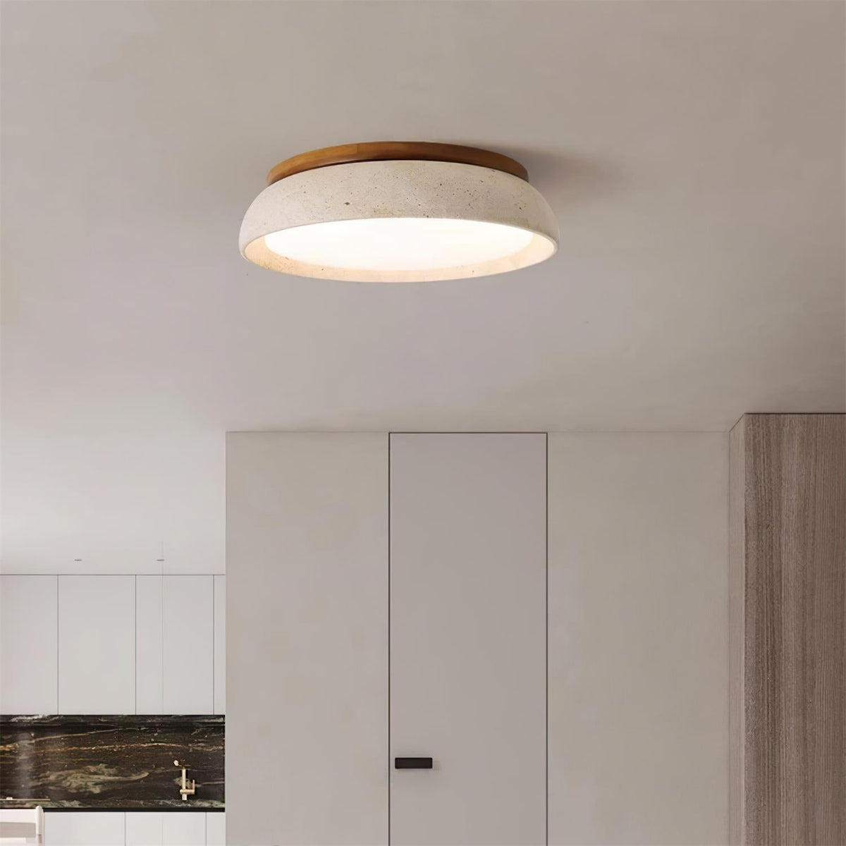 Travertine stone ceiling light with wood base, dimmable integrated LED, modern minimalist design