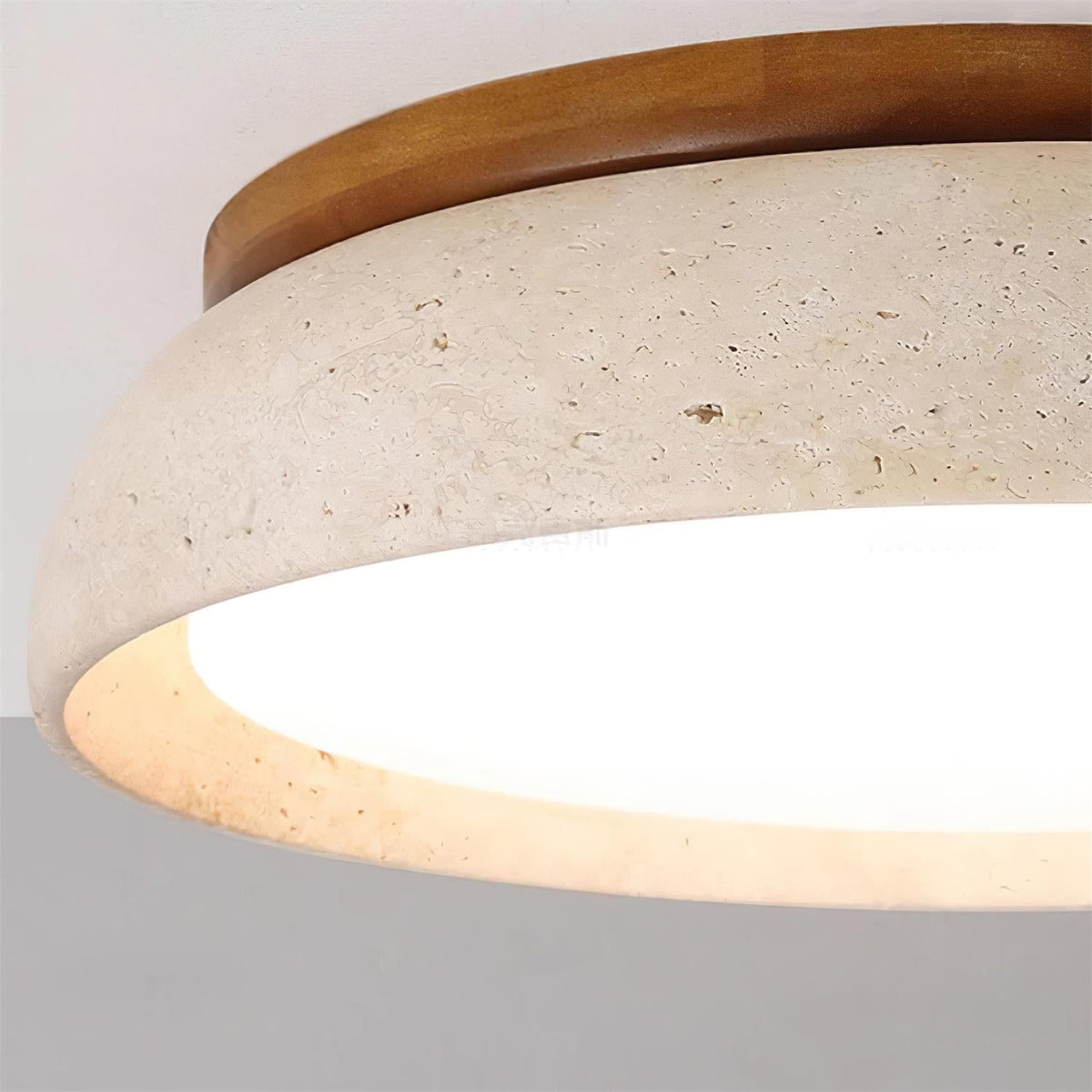 Travertine stone ceiling light with wood base, dimmable integrated LED, modern minimalist design