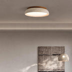 Travertine stone ceiling light with wood base, dimmable integrated LED, modern minimalist design