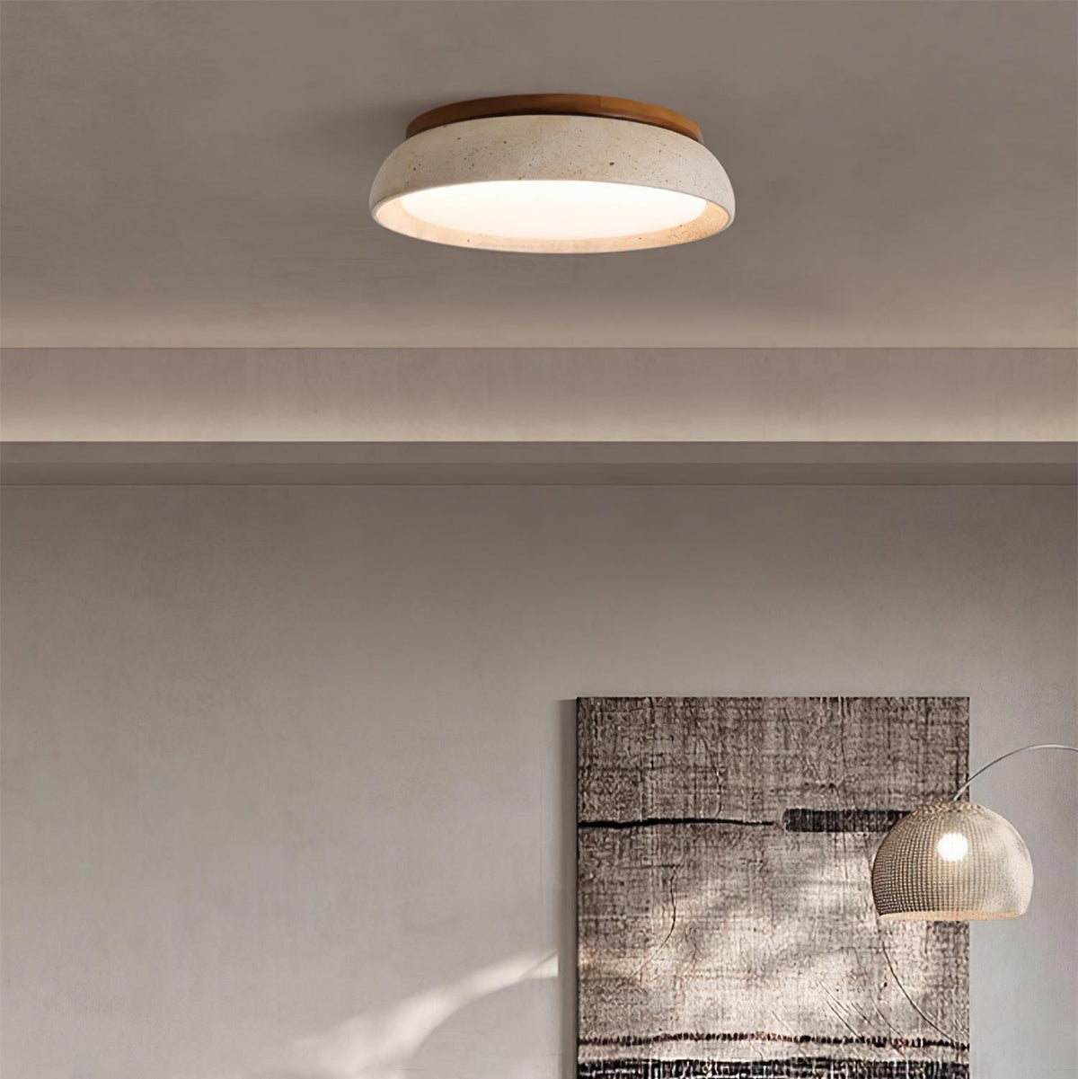 Travertine stone ceiling light with wood base, dimmable integrated LED, modern minimalist design