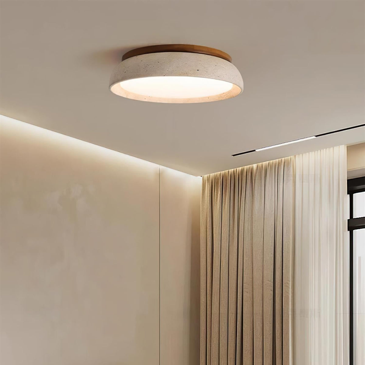 Travertine stone ceiling light with wood base, dimmable integrated LED, modern minimalist design