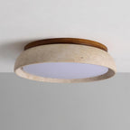 Travertine stone ceiling light with wood base, dimmable integrated LED, modern minimalist design