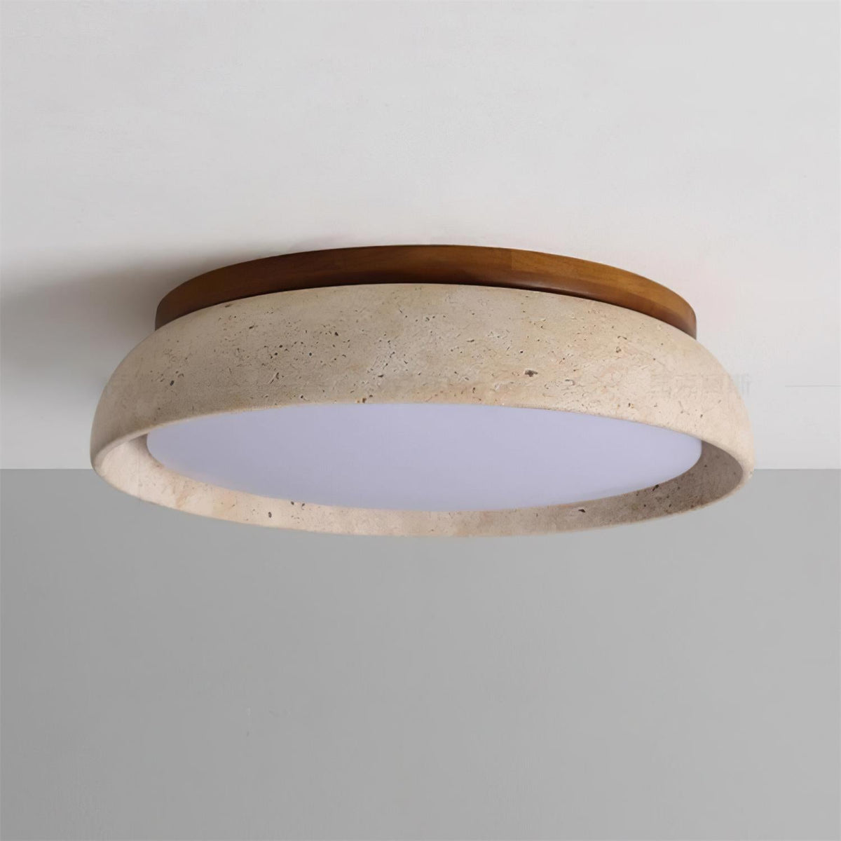 Travertine stone ceiling light with wood base, dimmable integrated LED, modern minimalist design