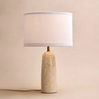 Marble table lamp with cotton shade, natural veining, 49cm height, E27 socket