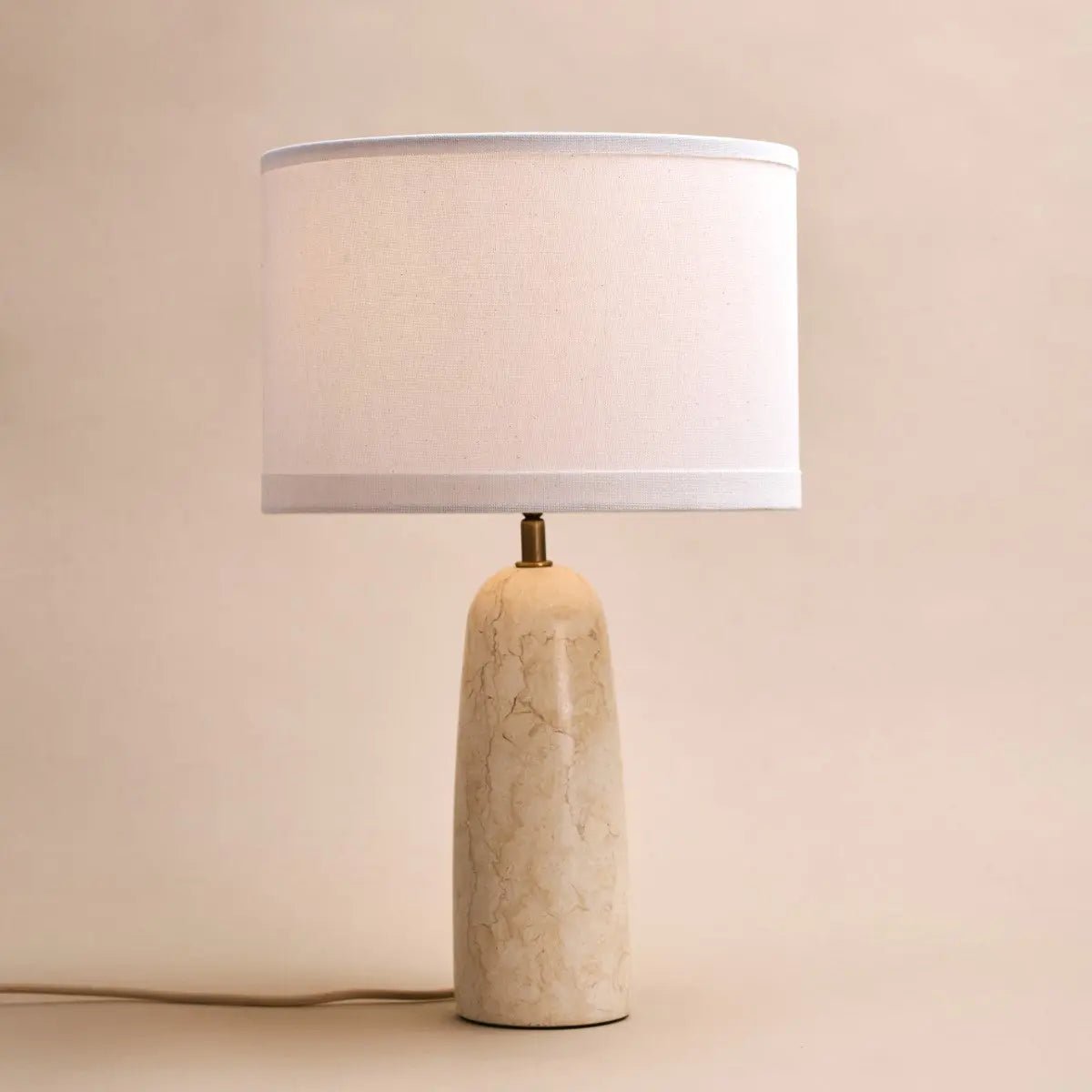 Marble table lamp with cotton shade, natural veining, 49cm height, E27 socket