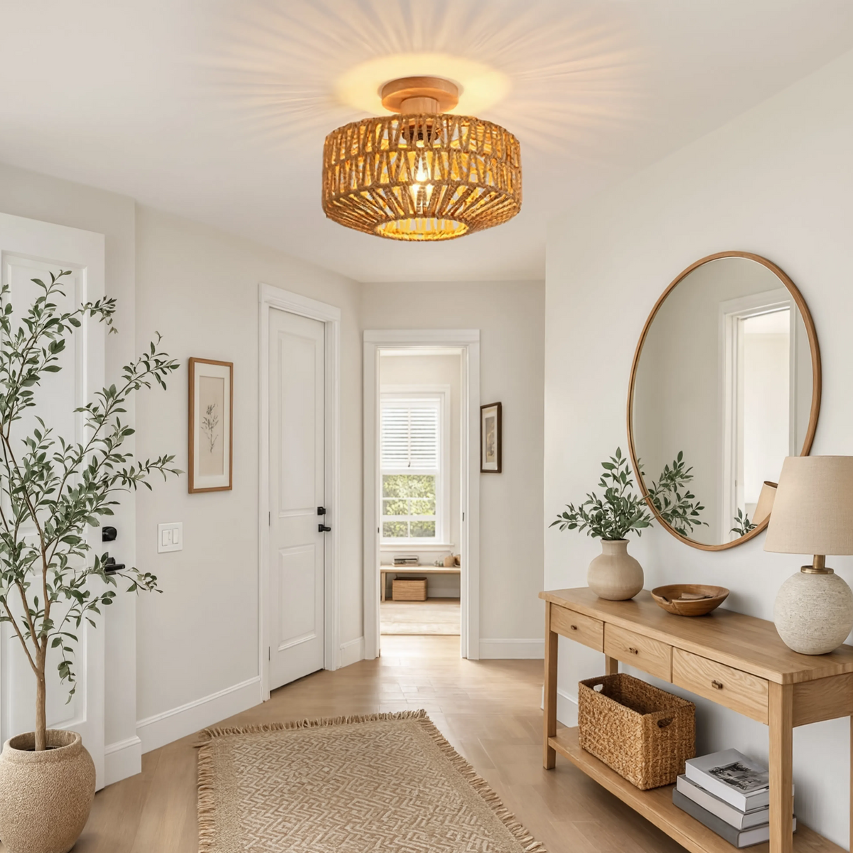 Rattan ceiling light boho vintage 20cm with E27 LED included, hand-woven natural shade