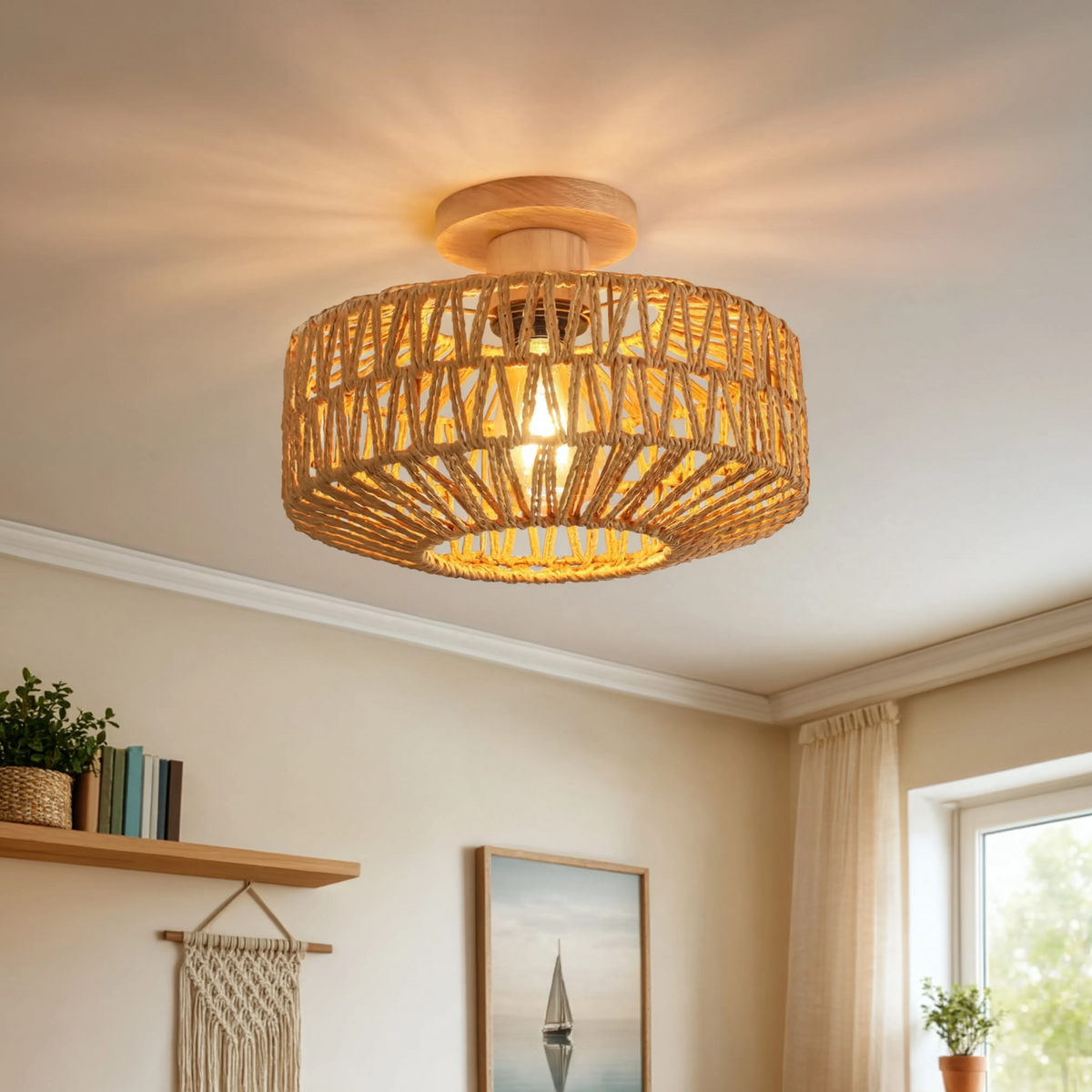 Rattan ceiling light boho vintage 20cm with E27 LED included, hand-woven natural shade