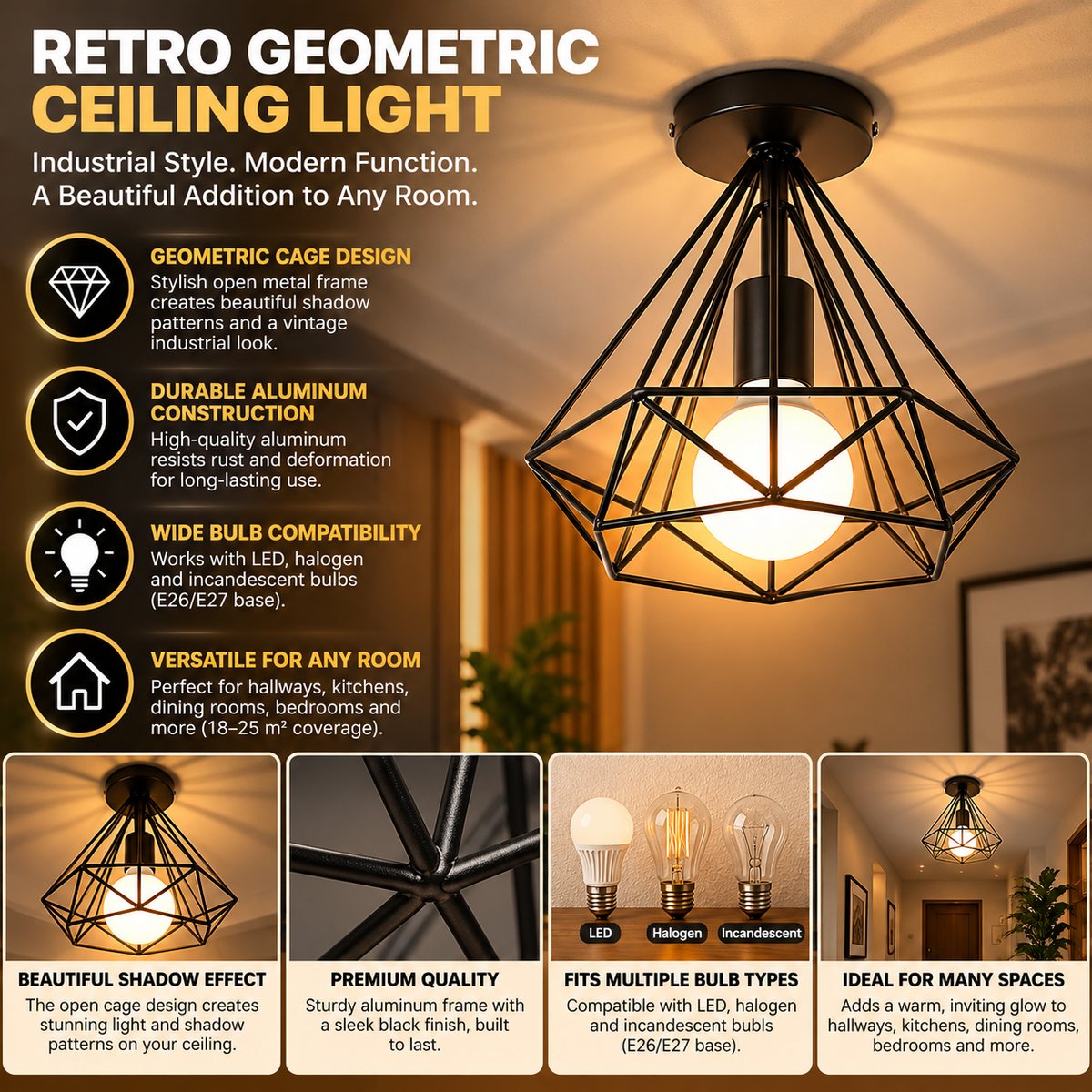 Retro Ceiling Light | Black Metal Cage, LED, Geometric