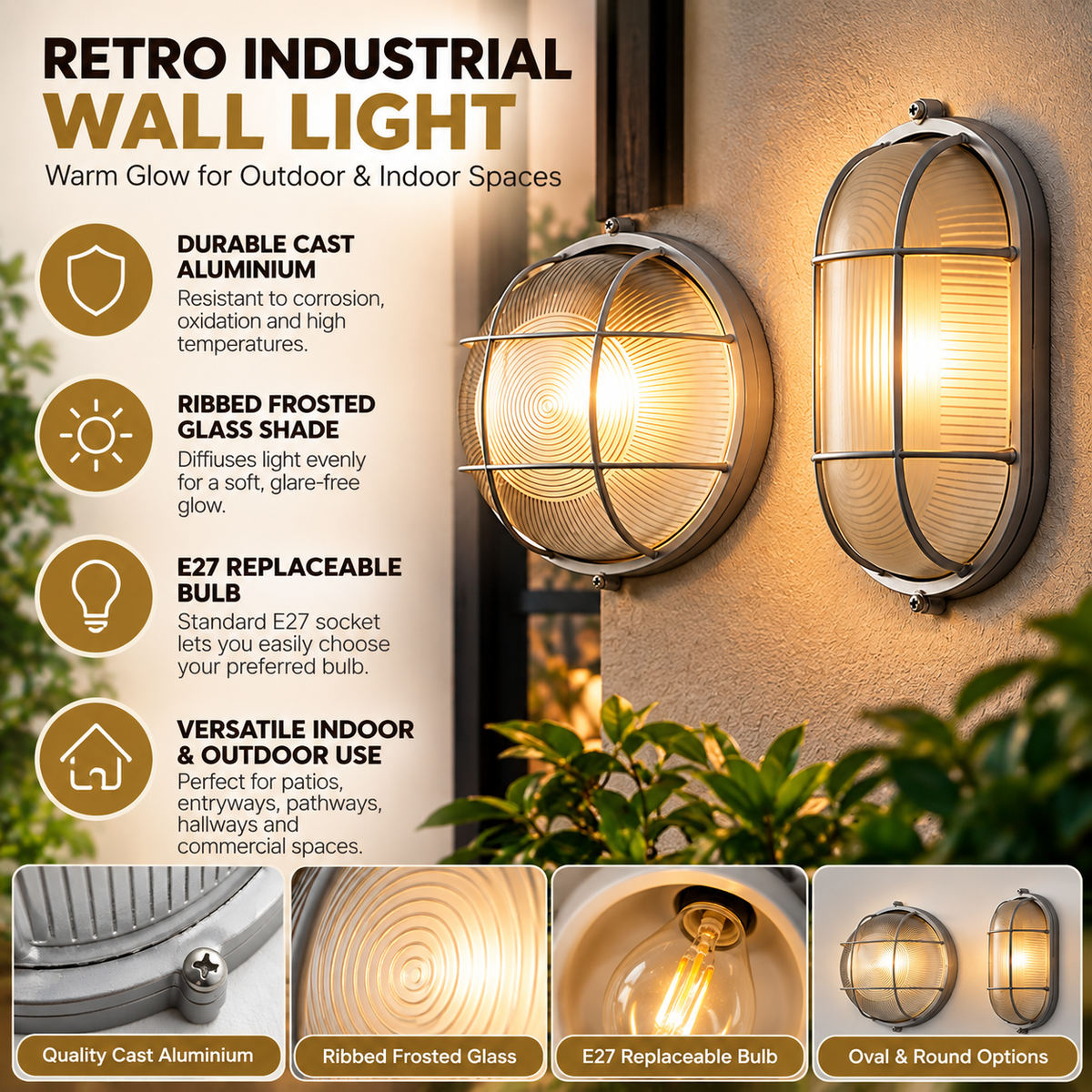 Outdoor Wall Light Retro Industrial | Cast Aluminium, E27, Oval & Round
