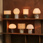 Rechargeable travertine table lamp in beige, cordless and dimmable with USB-C charging