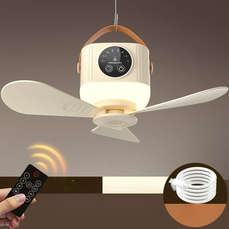 DC Ceiling Fan with LED Light | Rechargeable, Remote Control | Portable, 3 Speeds