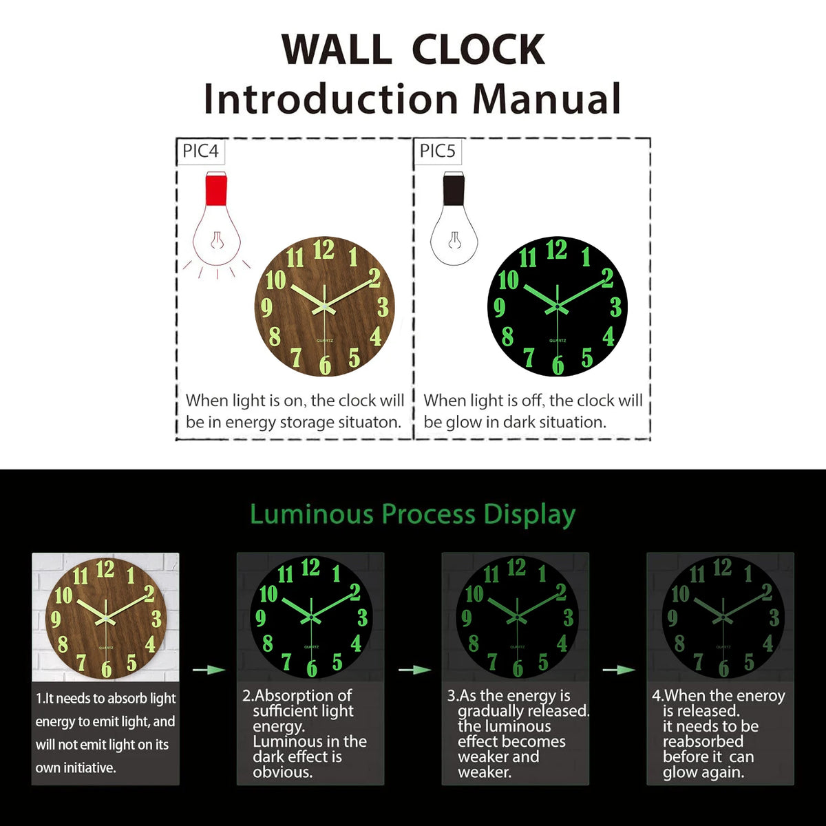 Silent wall clock wood with luminous numerals, night light, non ticking, dark brown