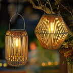 Solar lantern outdoor waterproof rattan woven hanging, boho warm light