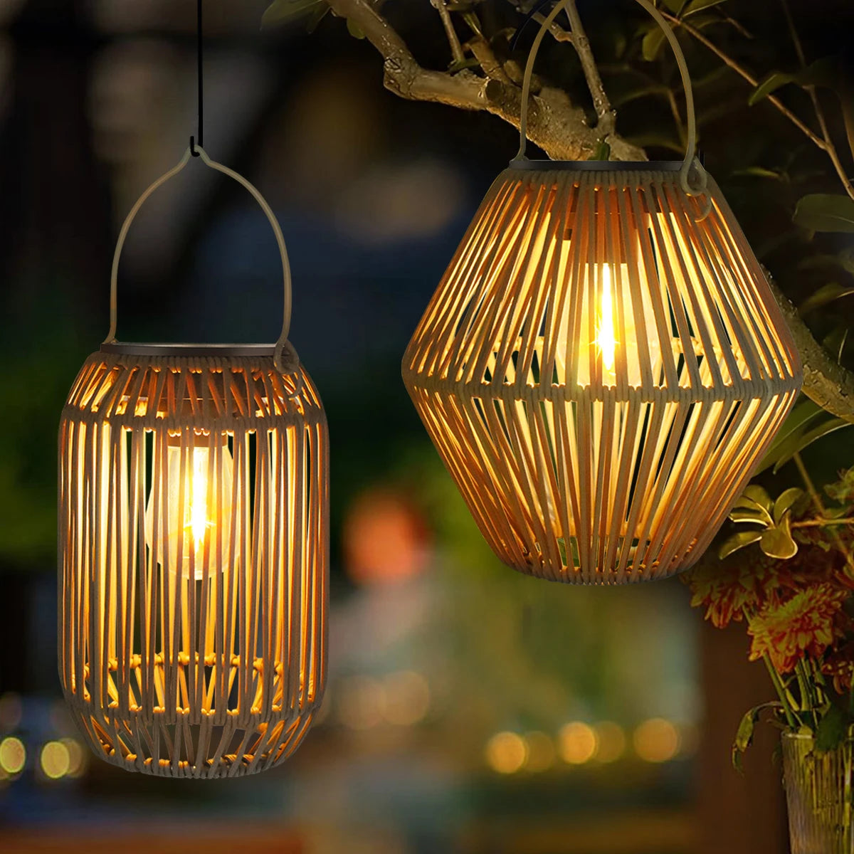 Solar lantern outdoor waterproof rattan woven hanging, boho warm light