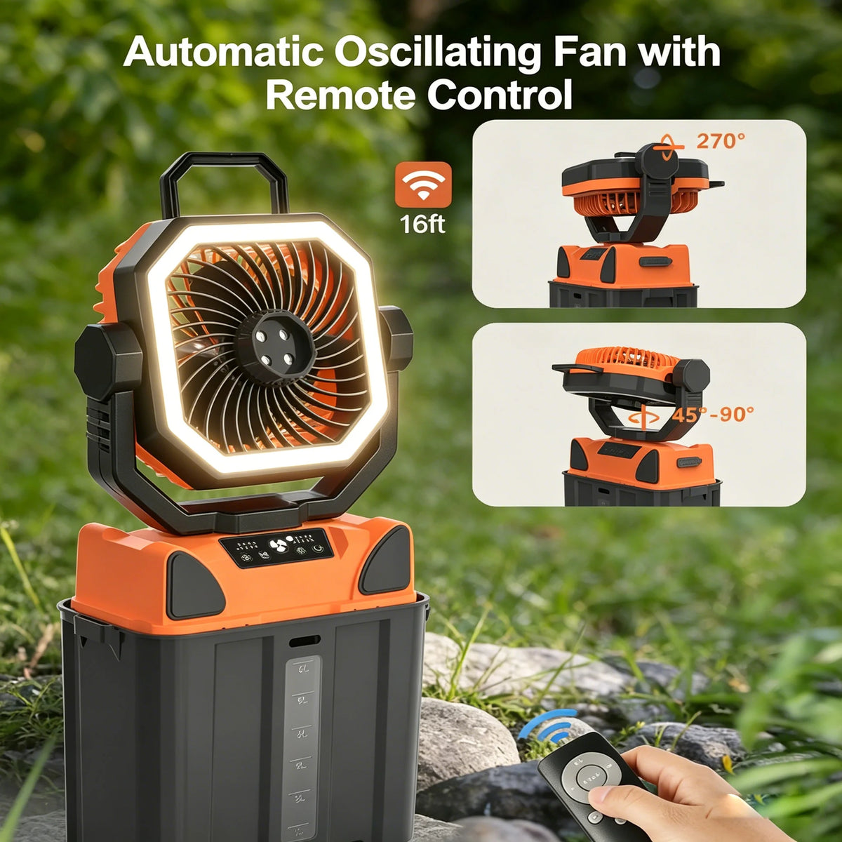 Outdoor misting fan 30000mAh 6L water tank spray, camping fan with remote control and LED light