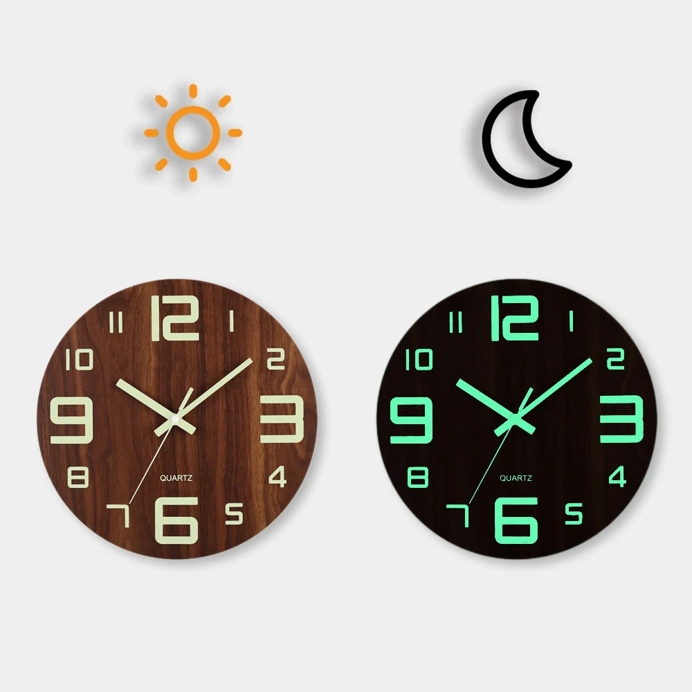 Silent wall clock wood with luminous numerals, night light, non ticking, dark brown