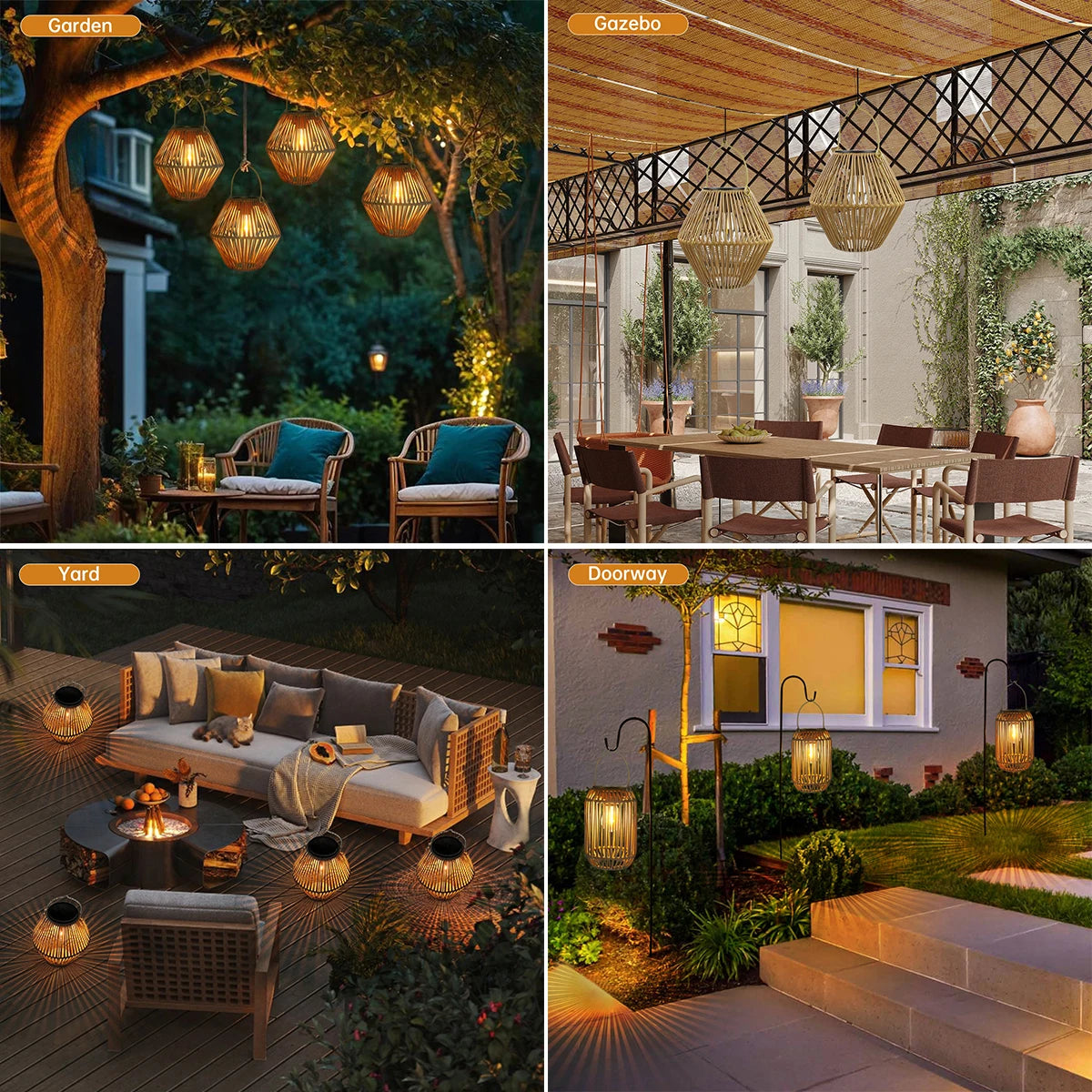 Solar lantern outdoor waterproof rattan woven hanging, boho warm light