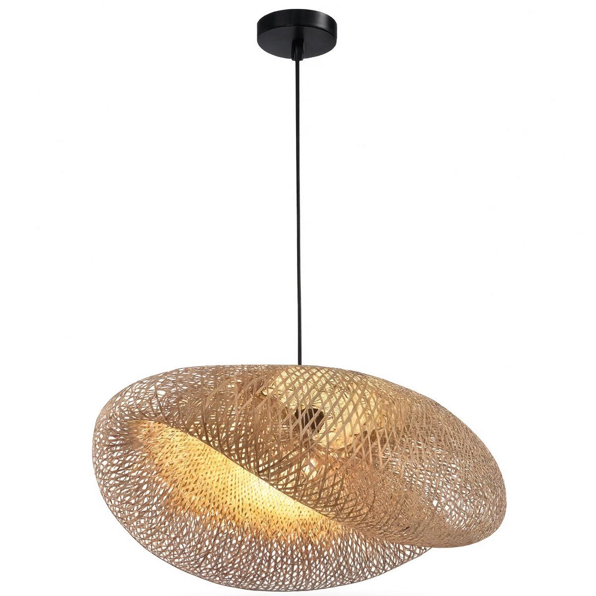Bamboo pendant light hand-braided shade with black base, E27 bulb included