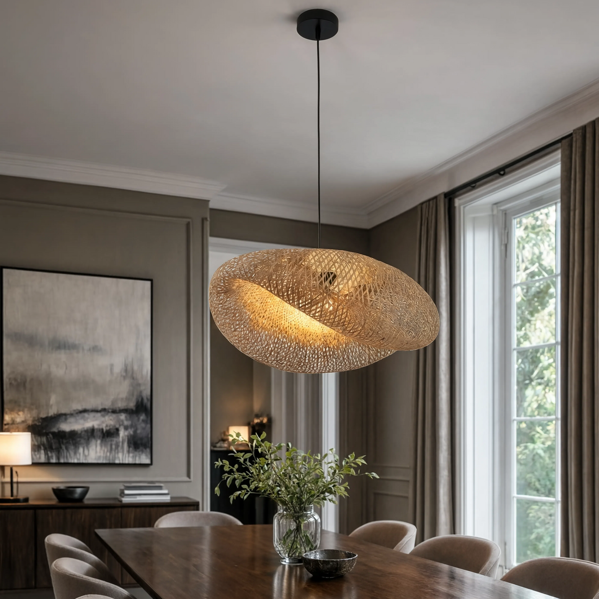 Bamboo pendant light hand-braided shade with black base, E27 bulb included