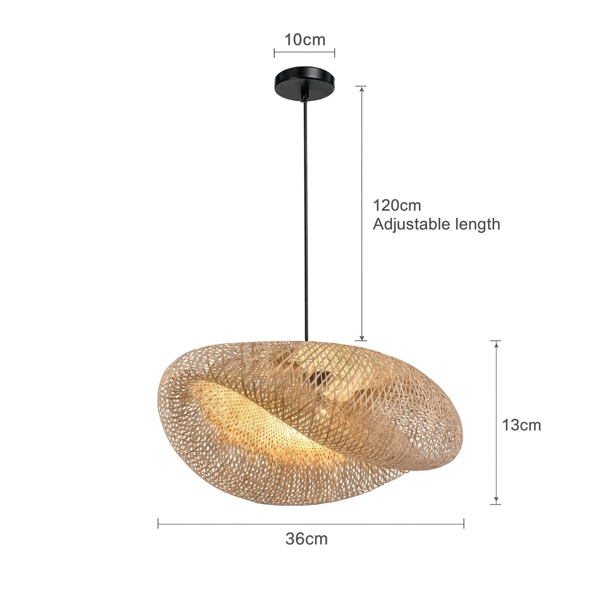 Bamboo pendant light hand-braided shade with black base, E27 bulb included