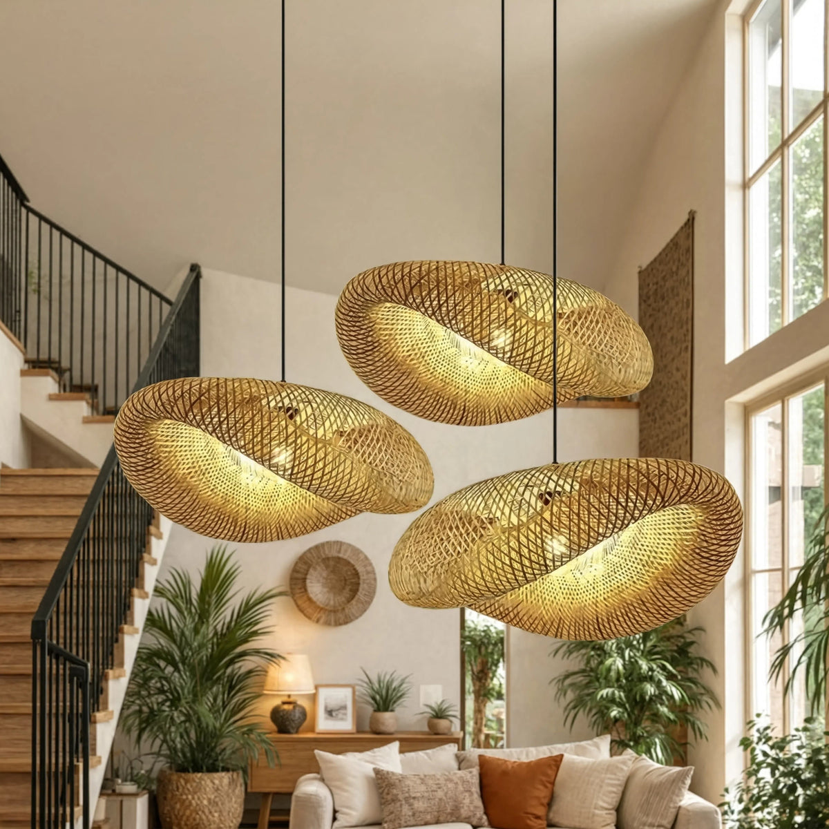 Bamboo pendant light hand-braided shade with black base, E27 bulb included