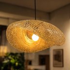 Bamboo pendant light hand-braided shade with black base, E27 bulb included