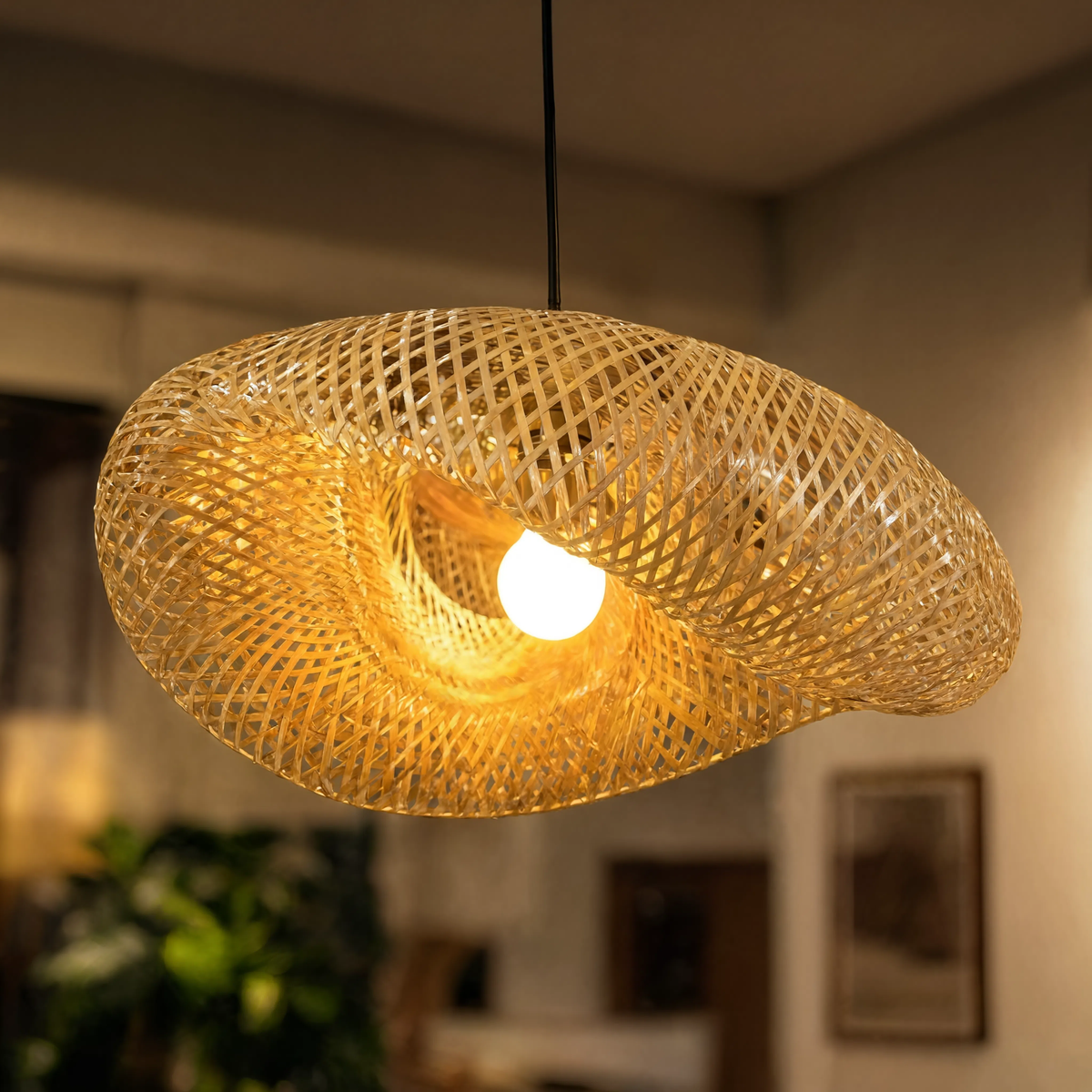 Bamboo pendant light hand-braided shade with black base, E27 bulb included
