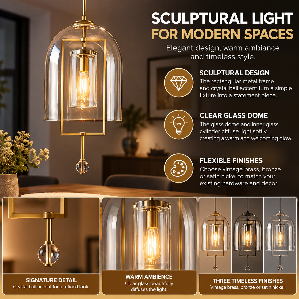 Art Deco Pendant Lamp | Glass Dome Shade, Metal Frame