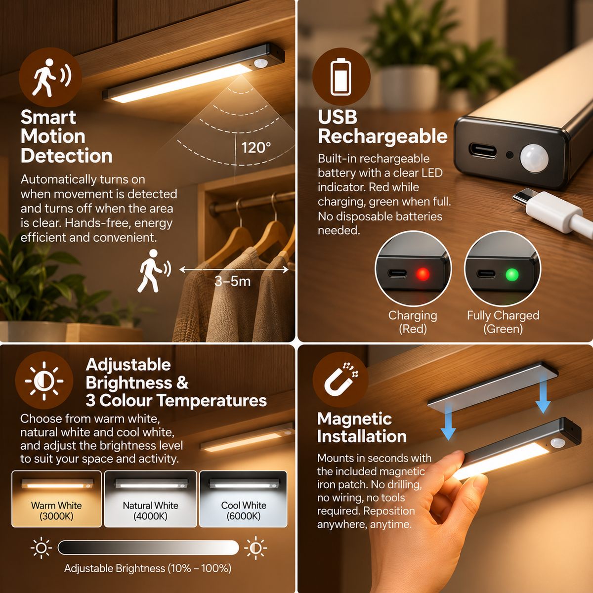 Motion Sensor LED Cabinet Light | Rechargeable, Dimmable, Magnetic Mount