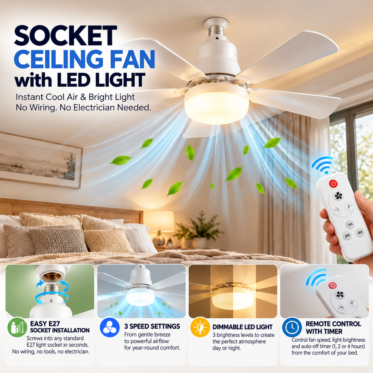 Socket Fan with LED Light & Remote Control | E27 Ceiling Fan, 41cm