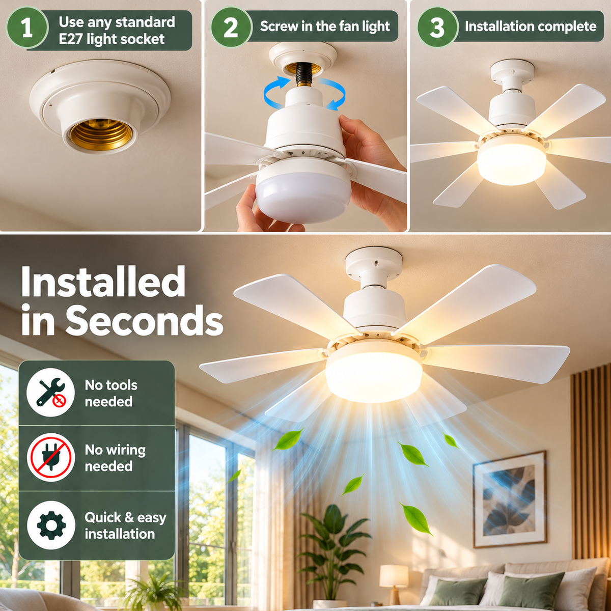 Socket Fan Light E27 | LED, Remote Control, 4500lm