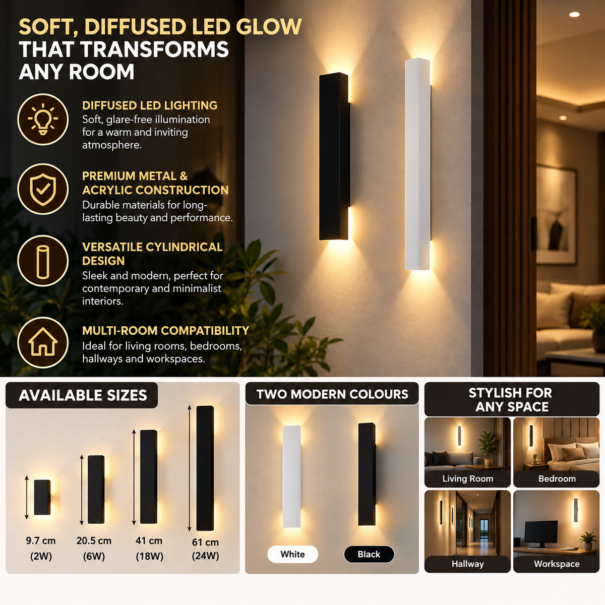 Cylindrical Wall Lights | Modern LED, Metal
