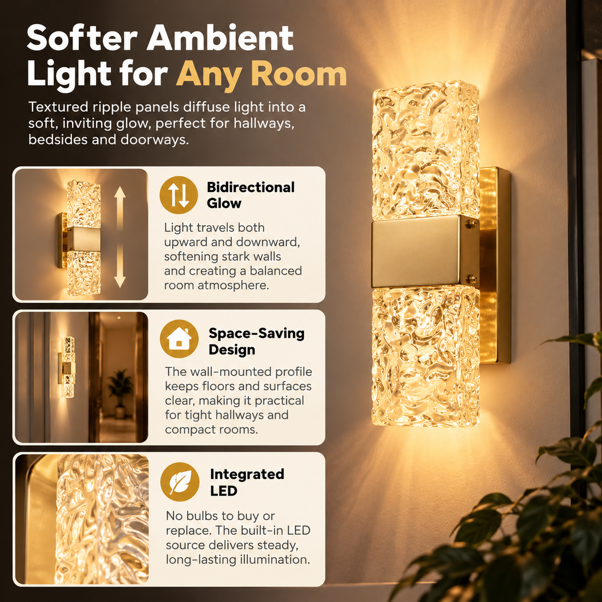 Rectangular Wall Sconce, Ripple Panel LED Ambient Lighting