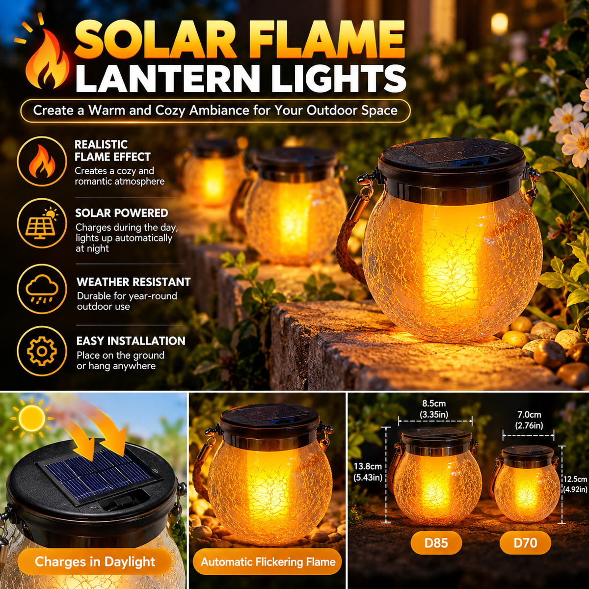 Solar Path Lights | Flickering Flame, Outdoor Garden Lantern