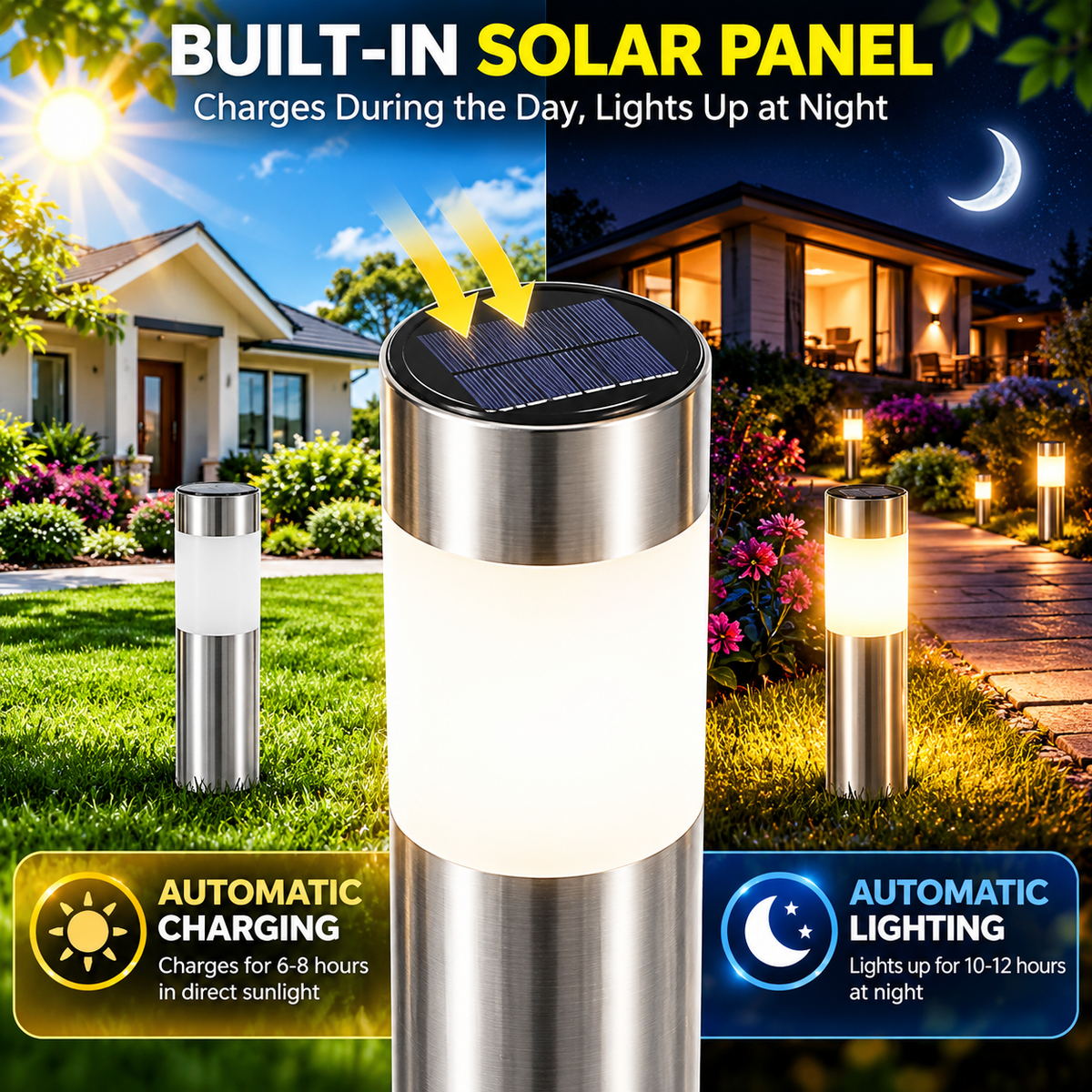 Solar Path Lights | Stainless Steel Cylinder Outdoor Lawn, 4000K