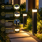 Solarne lampy ogrodowe wbijane w ziemię | czarna lampa słupkowa, ciepłe światło LED, IP65
