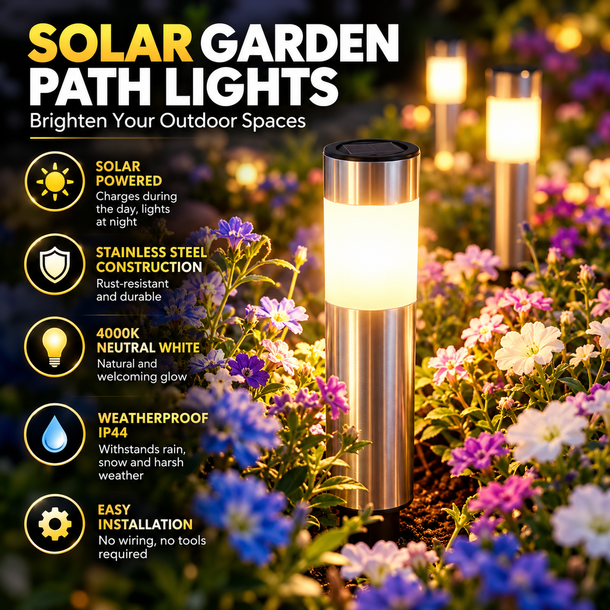 Solar Path Lights | Stainless Steel Cylinder Outdoor Lawn, 4000K