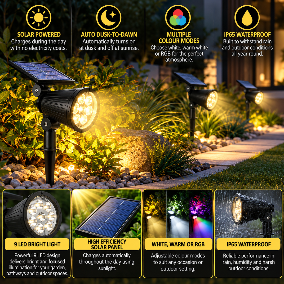 Solar Path Lights Outdoor | 9 LED Spotlights, IP65 Waterproof, Brightness Adjustable