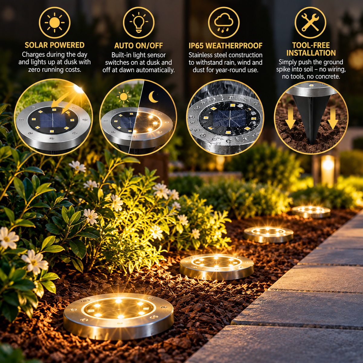 Solarne lampy ogrodowe wbijane w ziemię | lampy LED do ogrodu, na podjazd i taras | odporne na warunki atmosferyczne IP65