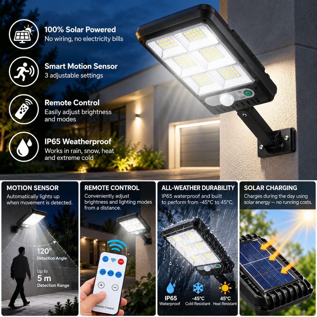 Solar LED Outdoor Light | Wireless, Motion Sensor, Remote Control | IP65
