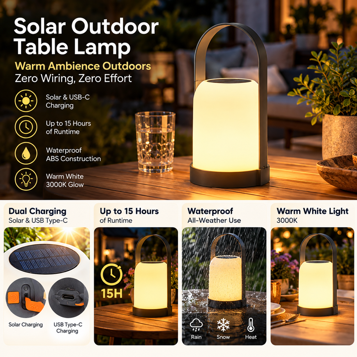 Solar Outdoor Table Lamp | LED, Waterproof, USB Rechargeable
